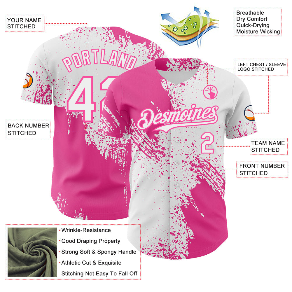 Custom White-Pink Abstract Brush Stroke Authentic Baseball Jersey view 3