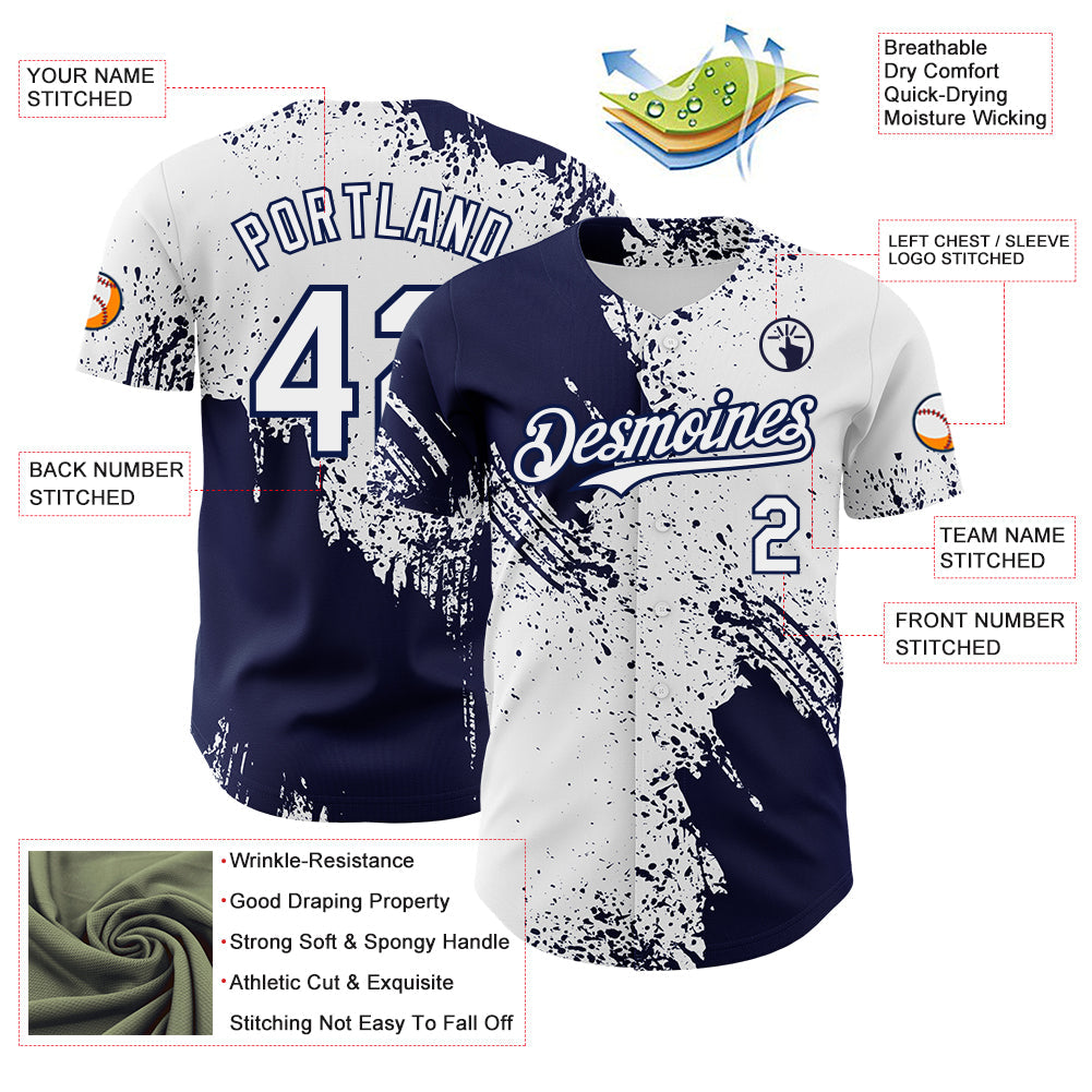 Custom White-Navy Abstract Brush Stroke Authentic Baseball Jersey view 3
