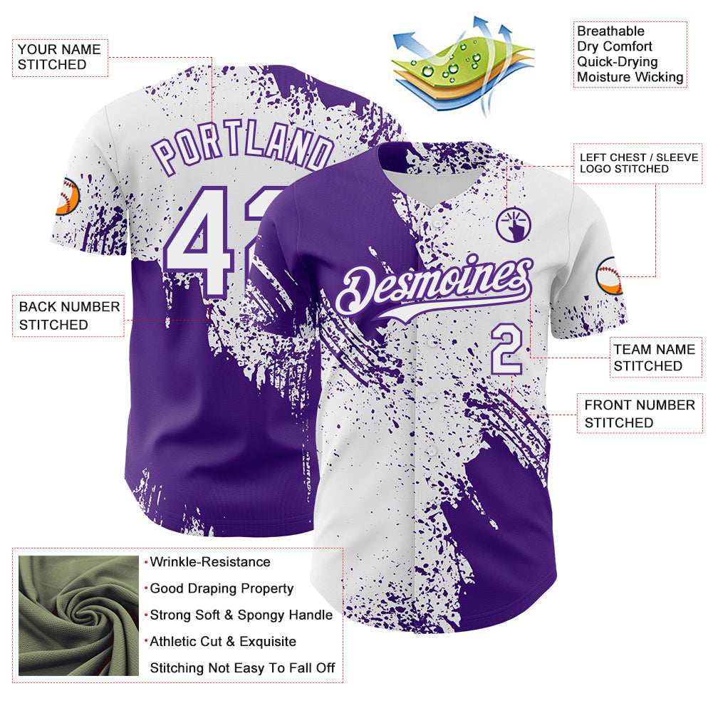 Custom White-Purple Abstract Brush Stroke Authentic Baseball Jersey view 3