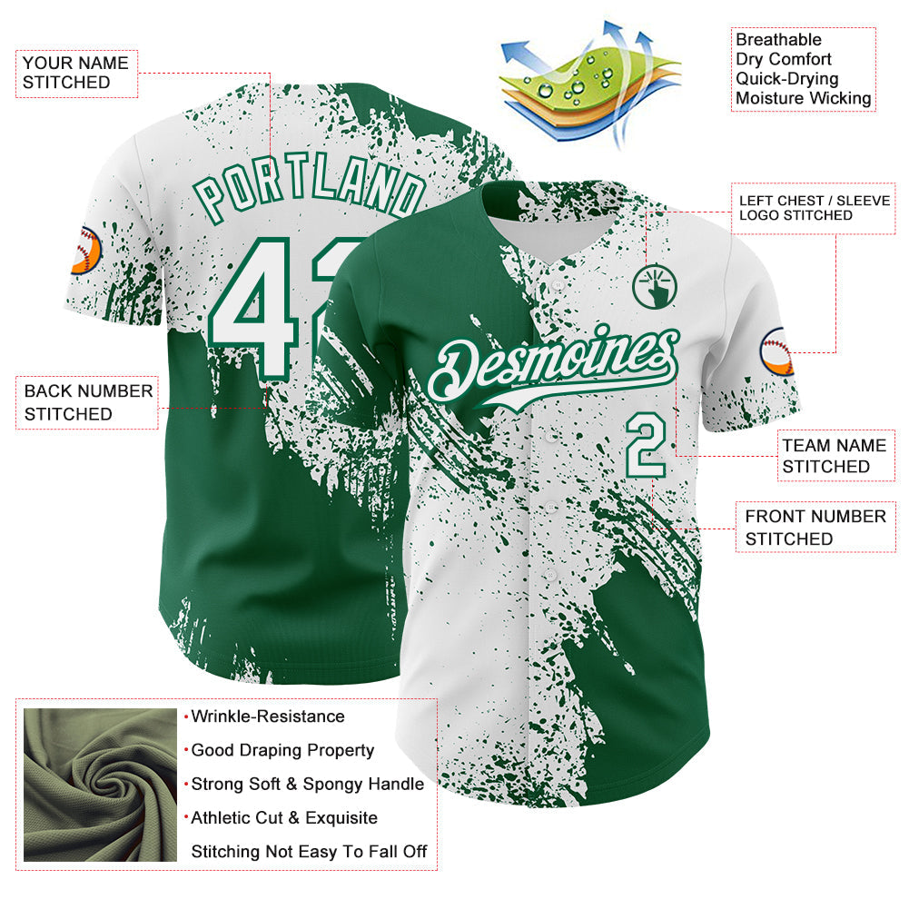 Custom White-Kelly Green Abstract Brush Stroke Authentic Baseball Jersey view 3