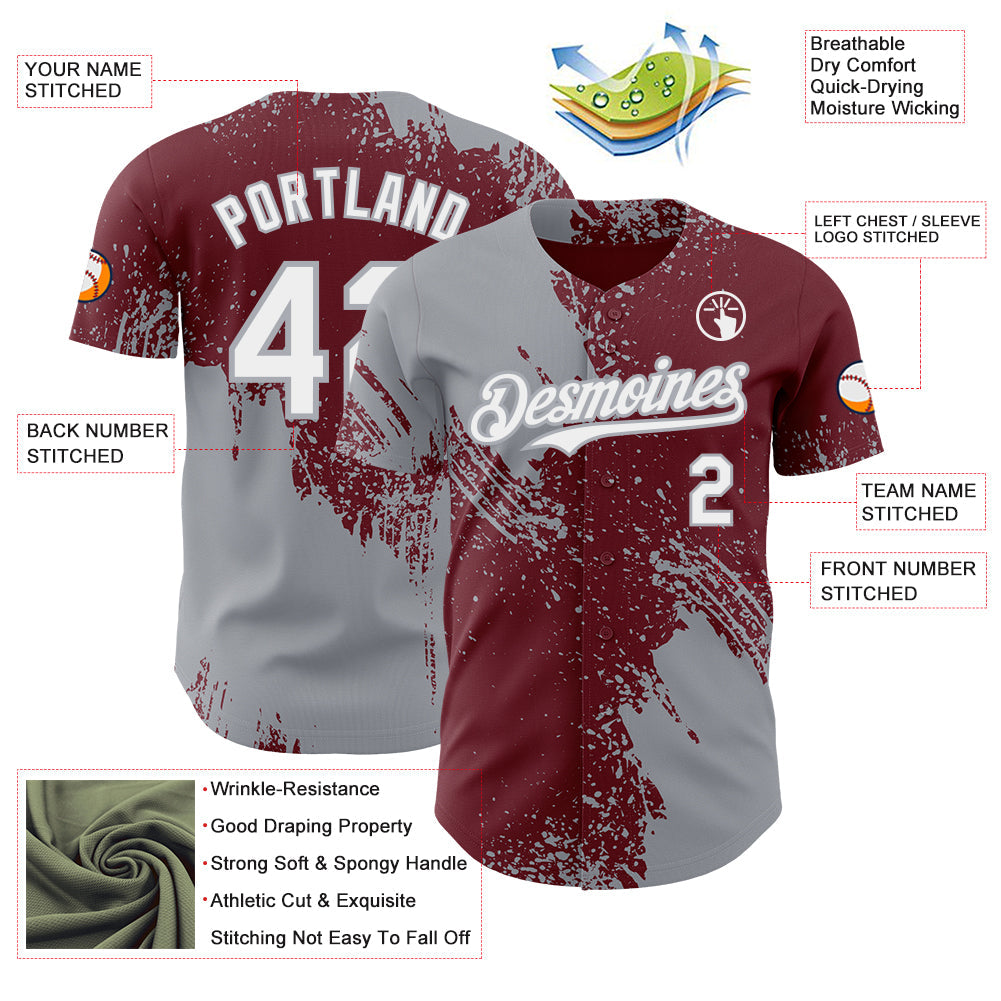 Custom Burgundy White-Gray Abstract Brush Stroke Authentic Baseball Jersey view 3