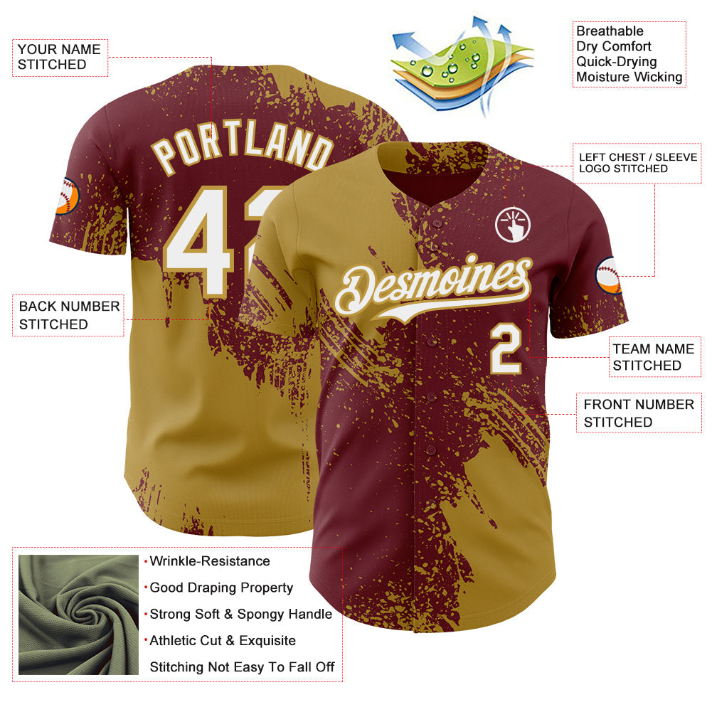 Custom Burgundy White-Old Gold Abstract Brush Stroke Authentic Baseball Jersey view 3