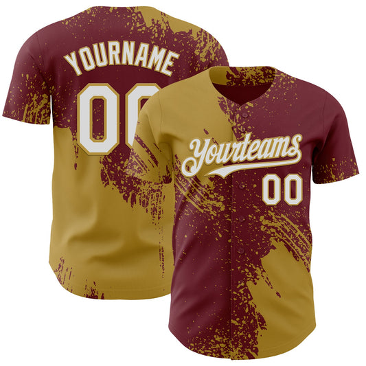 Custom Burgundy White-Old Gold Abstract Brush Stroke Authentic Baseball Jersey - Main View