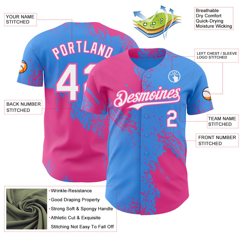 Custom Electric Blue White-Pink Abstract Brush Stroke Authentic Baseball Jersey view 3