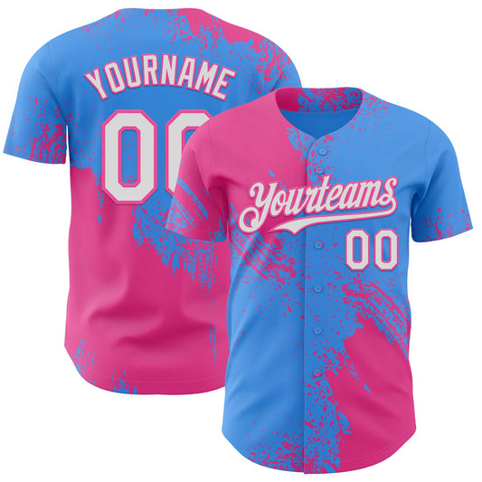 Custom Electric Blue White-Pink Abstract Brush Stroke Authentic Baseball Jersey - Main View