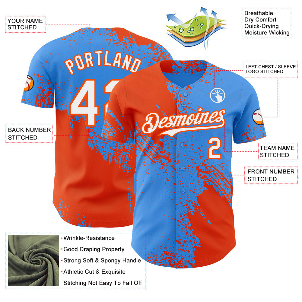 Custom Electric Blue White-Orange Abstract Brush Stroke Authentic Baseball Jersey view 3
