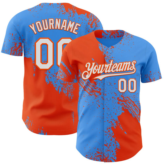 Custom Electric Blue White-Orange Abstract Brush Stroke Authentic Baseball Jersey - Main View