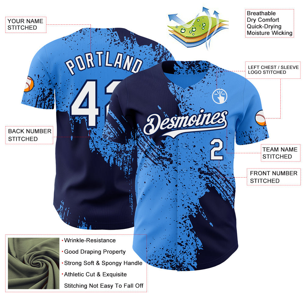 Custom Electric Blue White-Navy Abstract Brush Stroke Authentic Baseball Jersey view 3