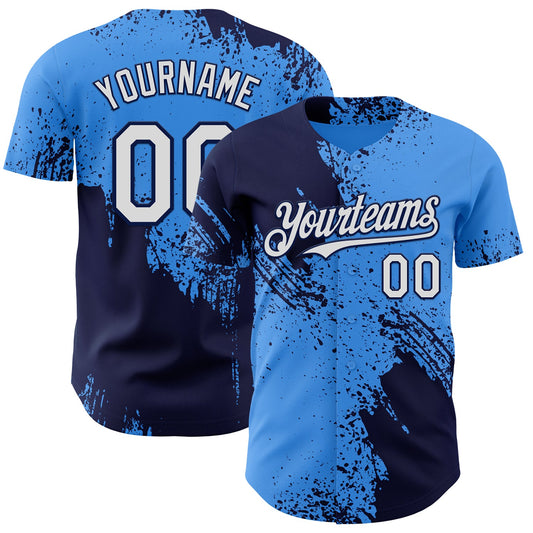 Custom Electric Blue White-Navy Abstract Brush Stroke Authentic Baseball Jersey - Main View
