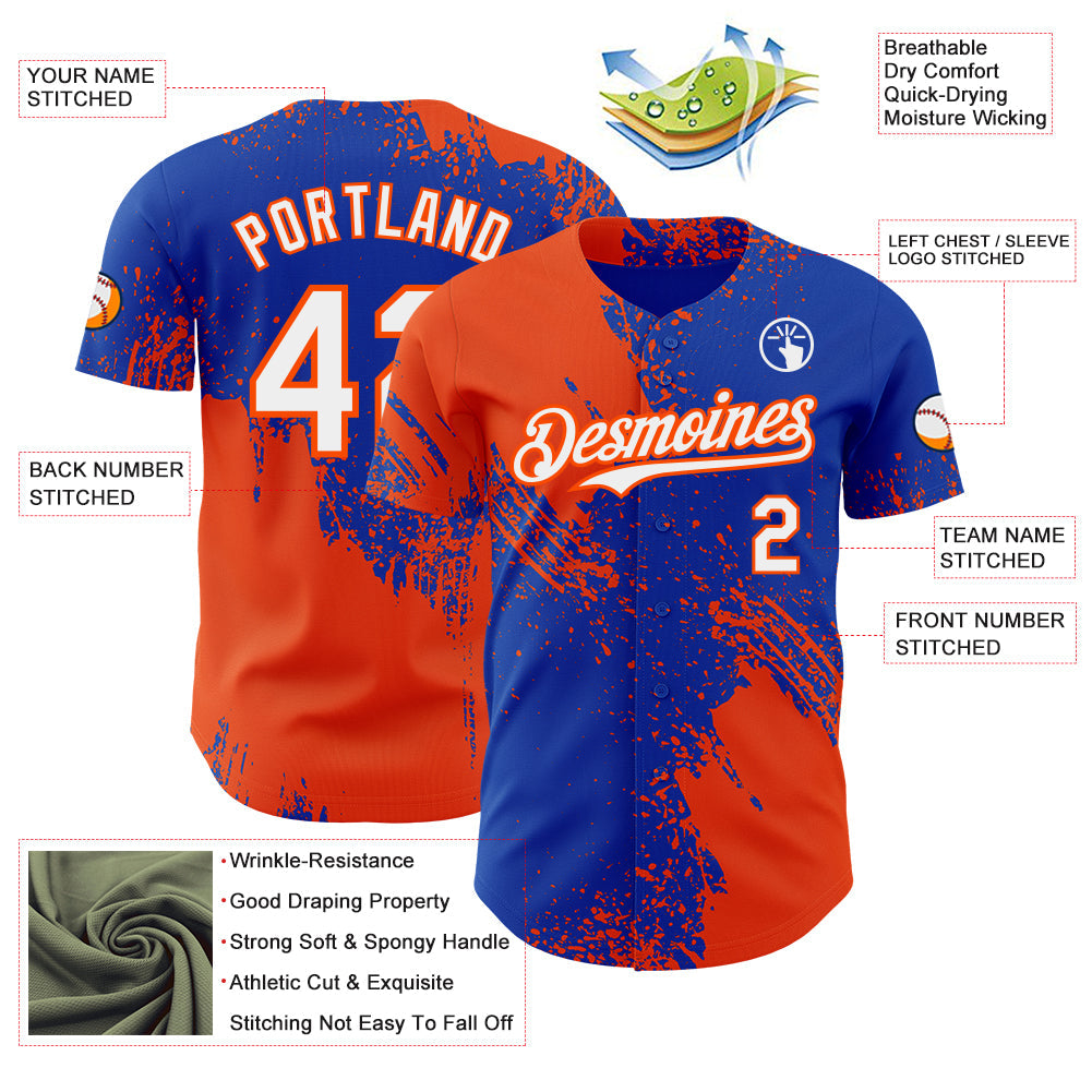 Custom Thunder Blue White-Orange Abstract Brush Stroke Authentic Baseball Jersey view 3