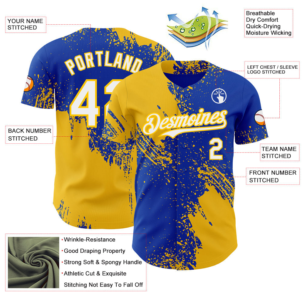 Custom Thunder Blue White-Yellow Abstract Brush Stroke Authentic Baseball Jersey view 3