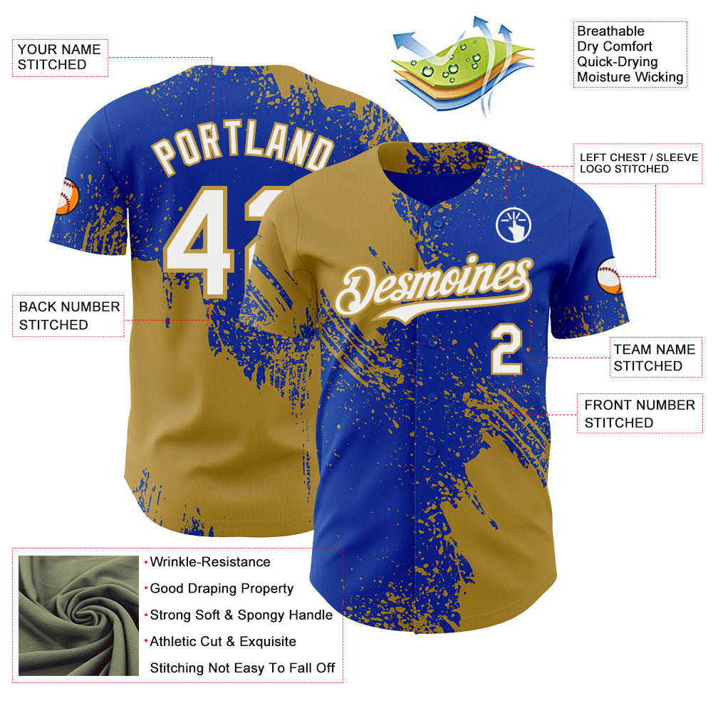 Custom Thunder Blue White-Old Gold Abstract Brush Stroke Authentic Baseball Jersey view 3