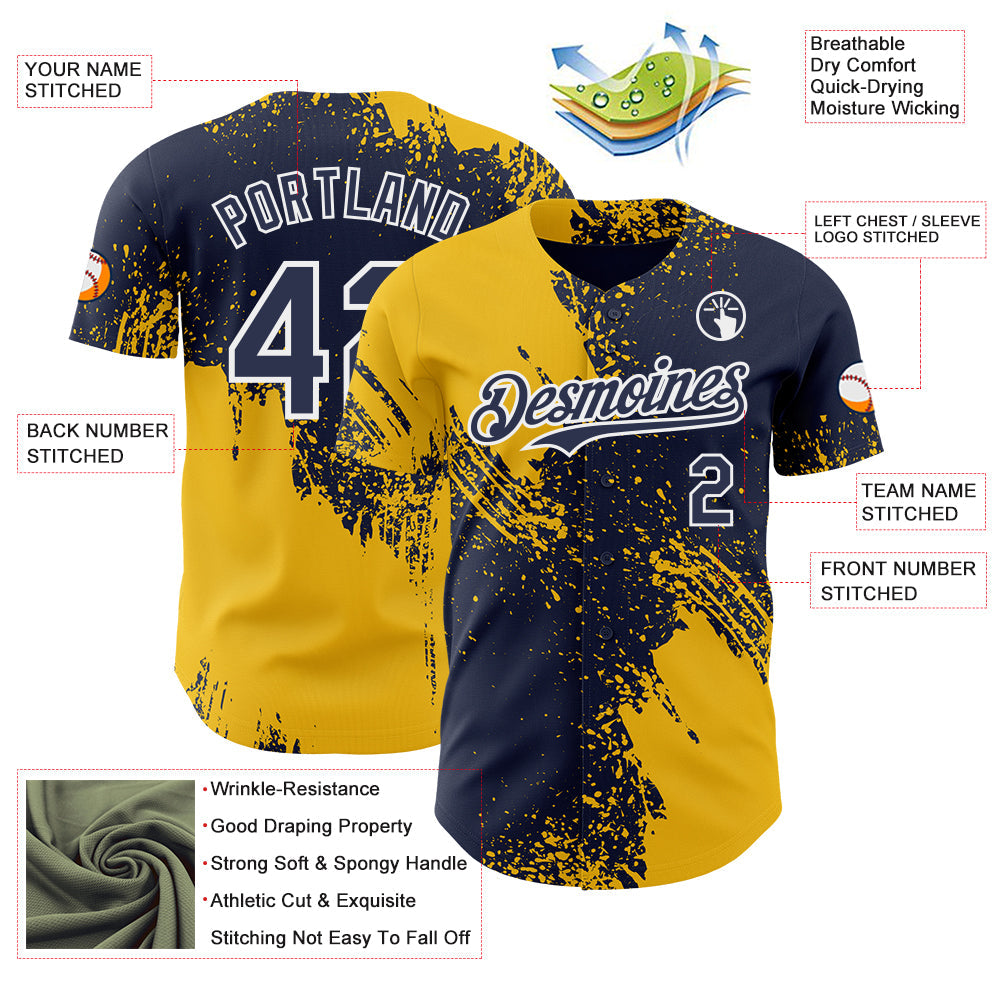 Custom Navy Yellow-White Abstract Brush Stroke Authentic Baseball Jersey view 3
