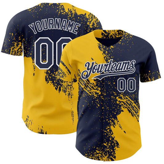 Custom Navy Yellow-White Abstract Brush Stroke Authentic Baseball Jersey - Main View