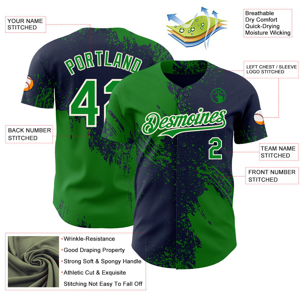 Custom Navy Grass Green-Cream Abstract Brush Stroke Authentic Baseball Jersey view 3
