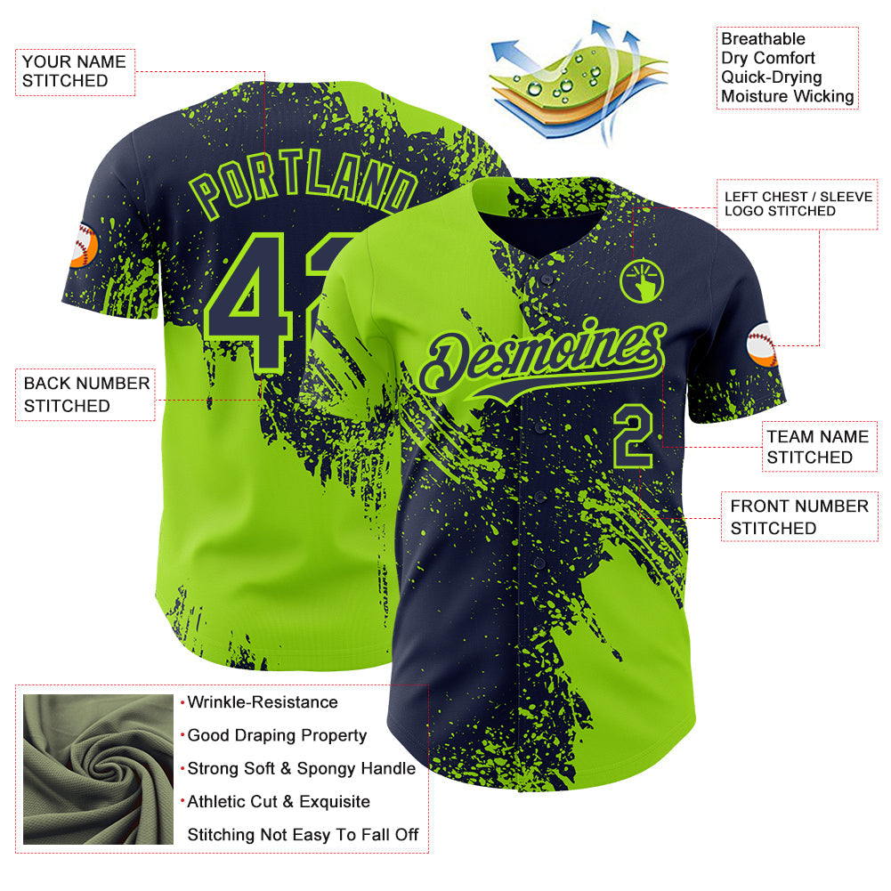 Custom Navy-Neon Green Abstract Brush Stroke Authentic Baseball Jersey view 3