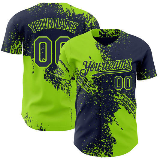 Custom Navy-Neon Green Abstract Brush Stroke Authentic Baseball Jersey - Main View