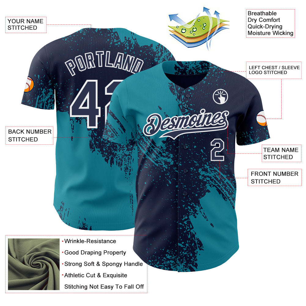 Custom Navy Teal-White Abstract Brush Stroke Authentic Baseball Jersey view 3