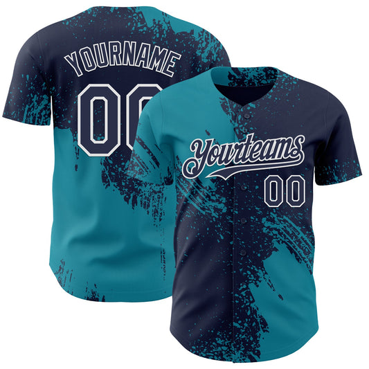Custom Navy Teal-White Abstract Brush Stroke Authentic Baseball Jersey - Main View
