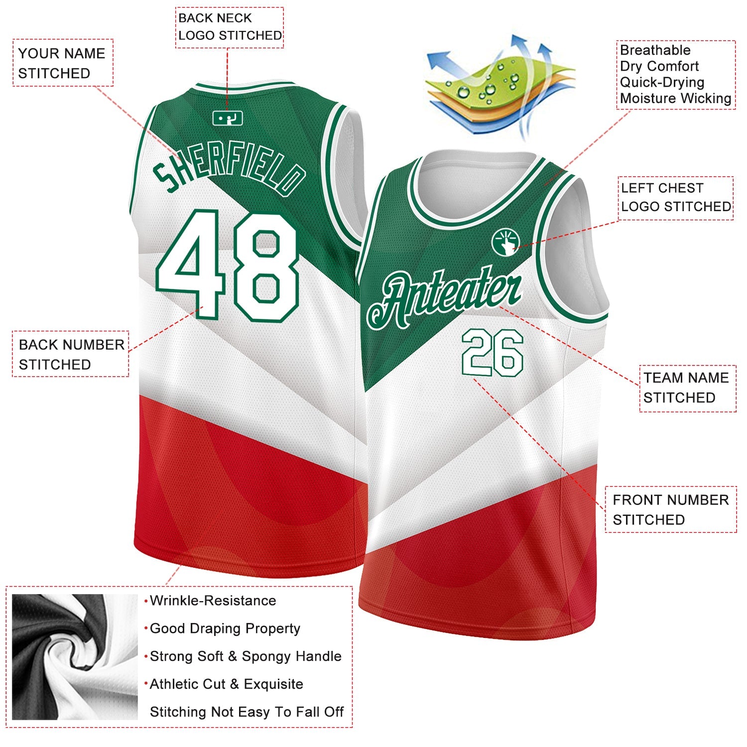 Custom Kelly Green White-Red 3D Mexico Authentic Basketball Jersey view 2