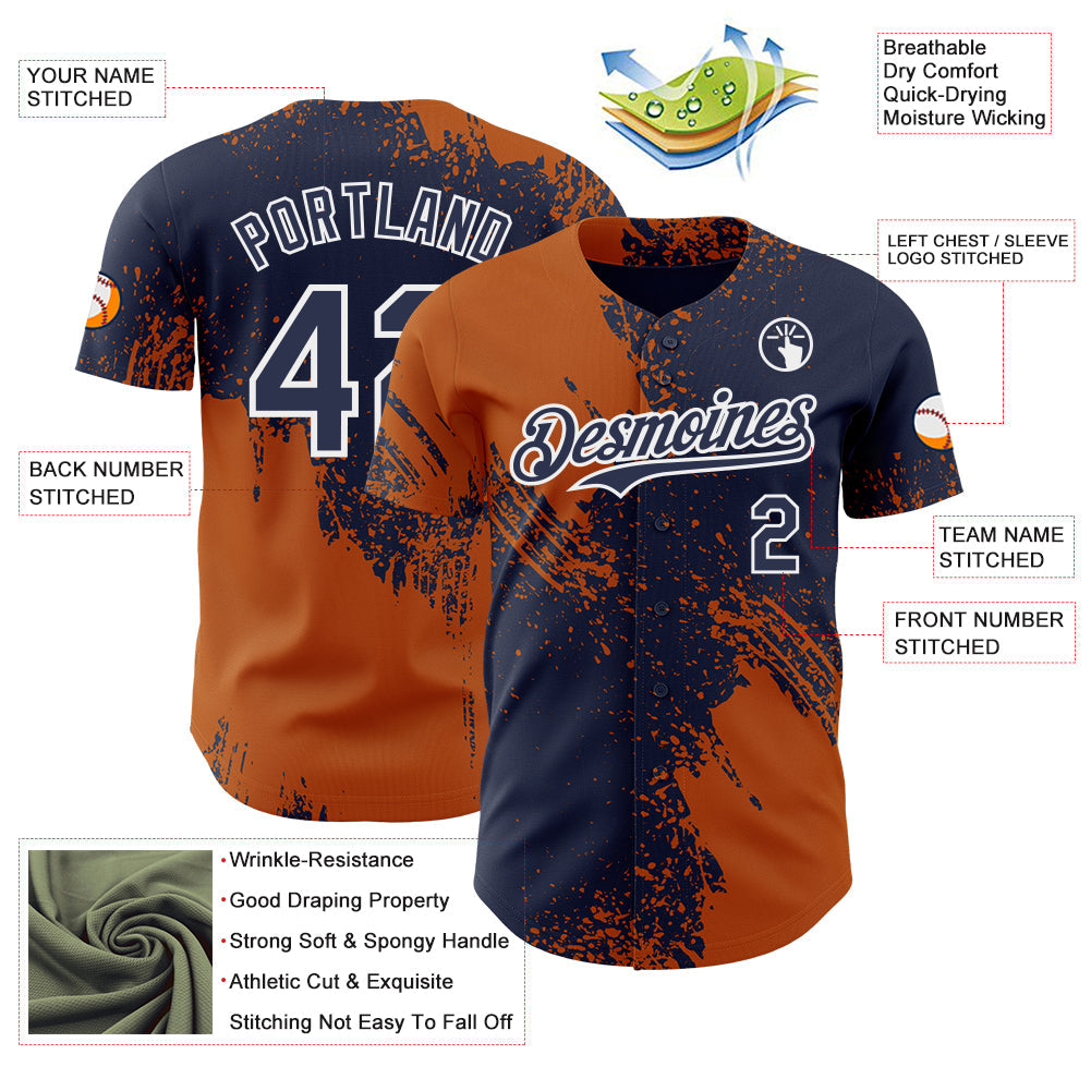 Custom Navy Texas Orange-White Abstract Brush Stroke Authentic Baseball Jersey view 3
