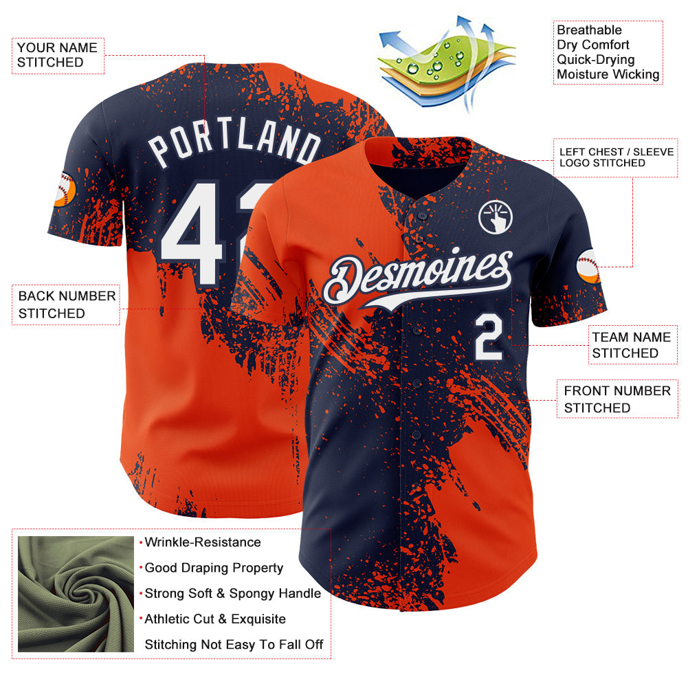 Custom Navy White-Orange Abstract Brush Stroke Authentic Baseball Jersey view 3