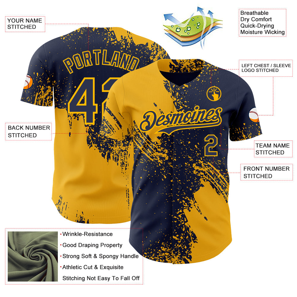Custom Navy-Gold Abstract Brush Stroke Authentic Baseball Jersey view 3