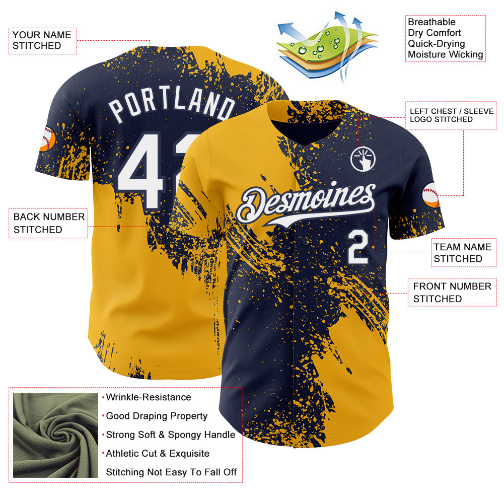 Custom Navy White-Gold Abstract Brush Stroke Authentic Baseball Jersey view 3