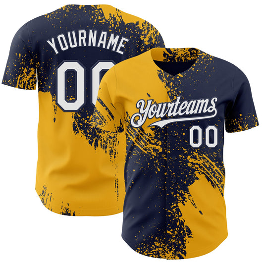 Custom Navy White-Gold Abstract Brush Stroke Authentic Baseball Jersey - Main View