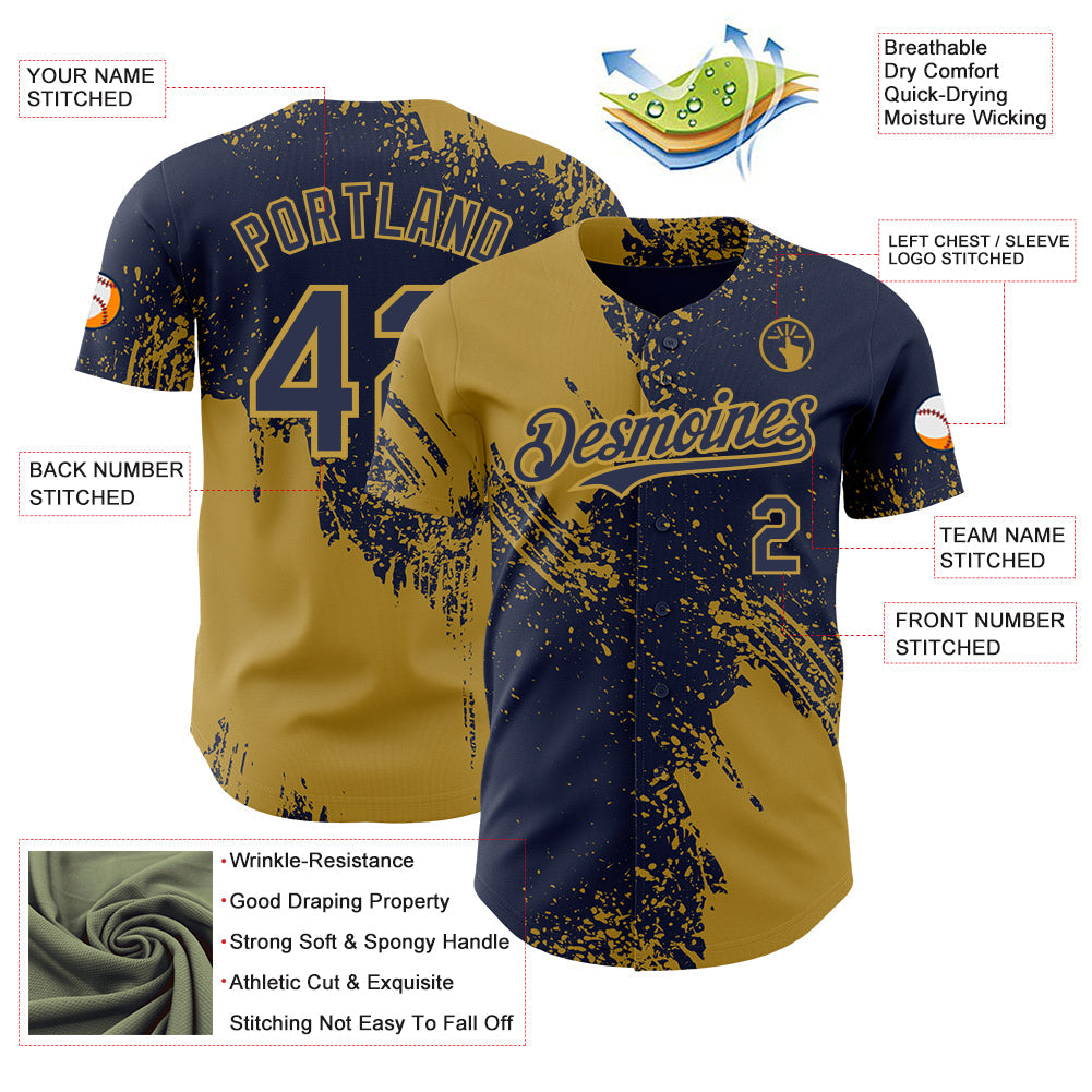 Custom Navy-Old Gold Abstract Brush Stroke Authentic Baseball Jersey view 3