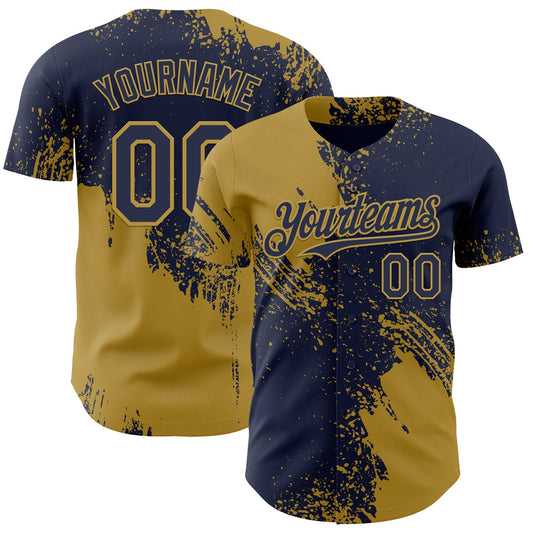 Custom Navy-Old Gold Abstract Brush Stroke Authentic Baseball Jersey - Main View