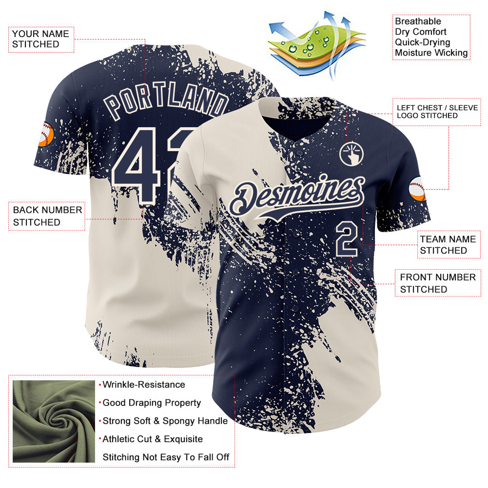 Custom Navy-Cream Abstract Brush Stroke Authentic Baseball Jersey view 3