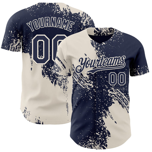 Custom Navy-Cream Abstract Brush Stroke Authentic Baseball Jersey - Main View