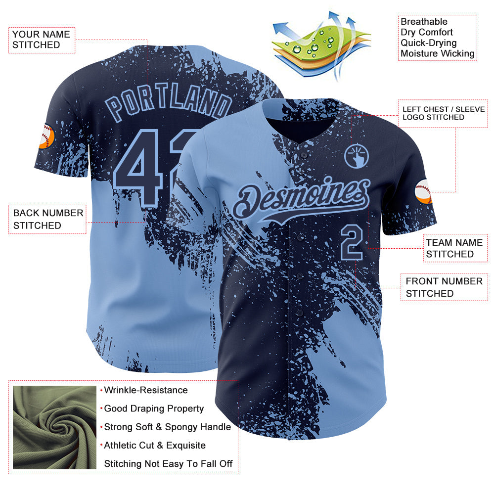 Custom Navy-Light Blue Abstract Brush Stroke Authentic Baseball Jersey view 3