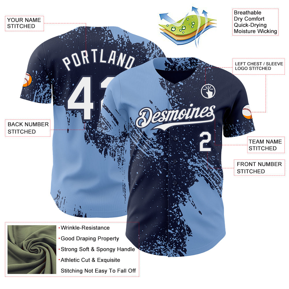 Custom Navy White-Light Blue Abstract Brush Stroke Authentic Baseball Jersey view 3