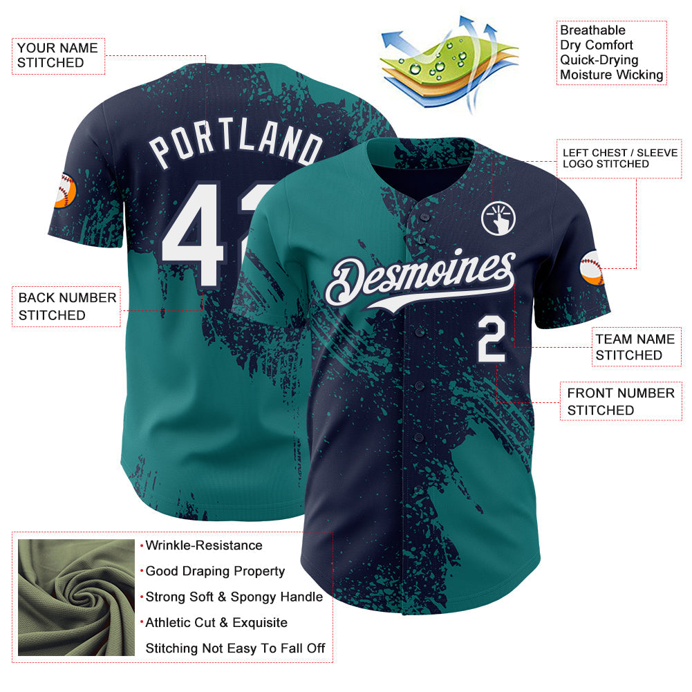 Custom Navy White-Teal Abstract Brush Stroke Authentic Baseball Jersey view 3