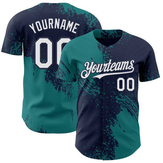 Custom Navy White-Teal Abstract Brush Stroke Authentic Baseball Jersey - Main View