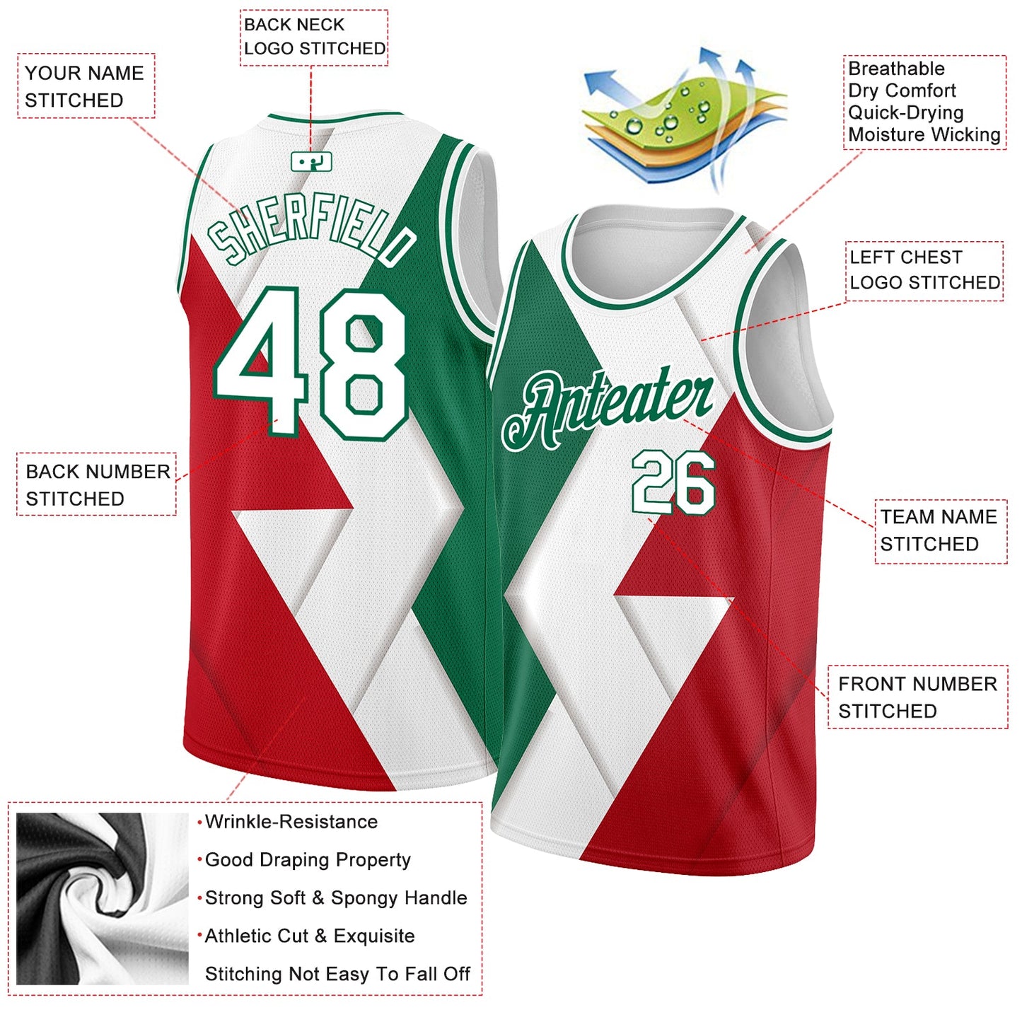 Custom Kelly Green White-Red 3D Mexico Authentic Basketball Jersey view 2