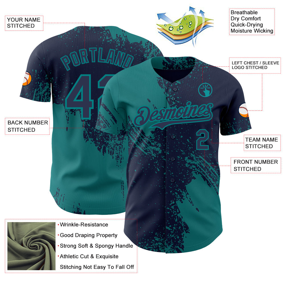 Custom Navy-Teal Abstract Brush Stroke Authentic Baseball Jersey view 3