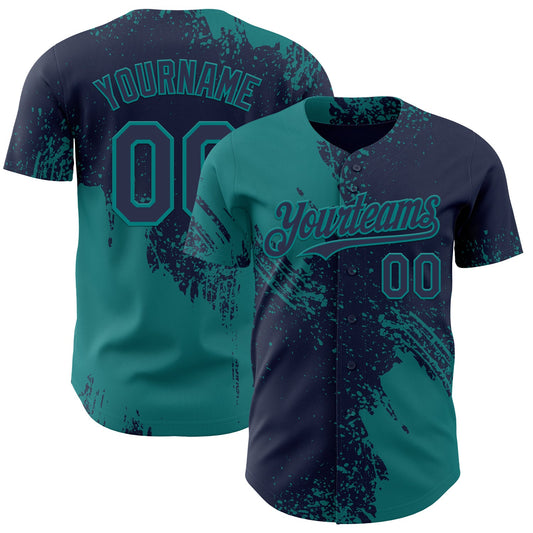 Custom Navy-Teal Abstract Brush Stroke Authentic Baseball Jersey - Main View