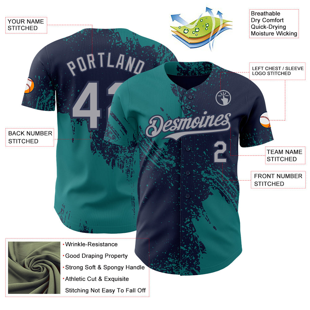 Custom Navy Gray-Teal Abstract Brush Stroke Authentic Baseball Jersey view 3