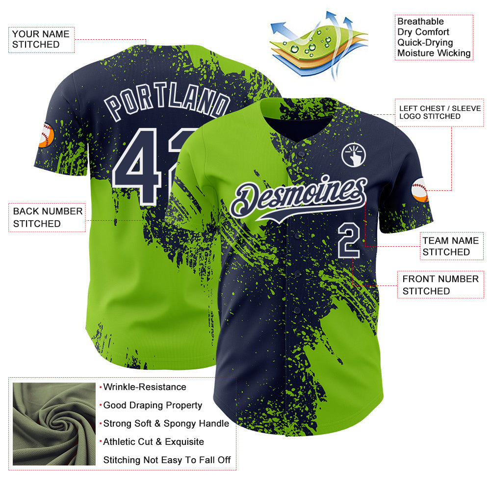 Custom Navy Neon Green-White Abstract Brush Stroke Authentic Baseball Jersey view 3