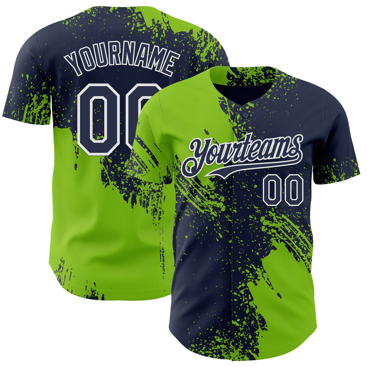 Custom Navy Neon Green-White Abstract Brush Stroke Authentic Baseball Jersey - Main View