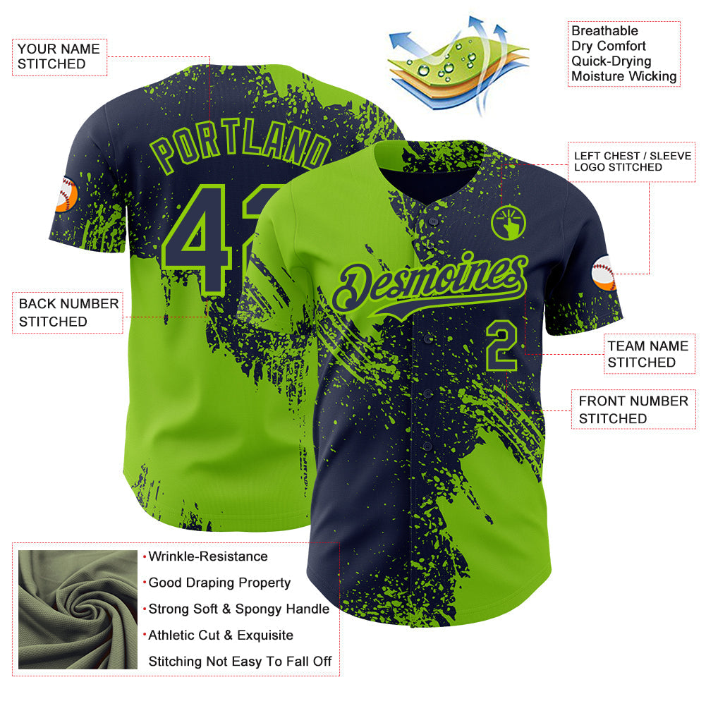 Custom Navy-Neon Green Abstract Brush Stroke Authentic Baseball Jersey view 3