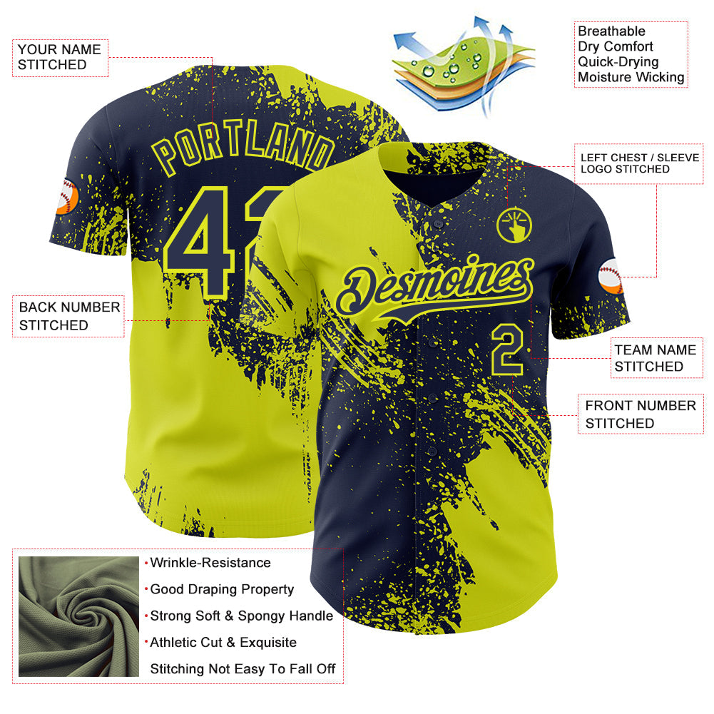 Custom Navy-Neon Yellow Abstract Brush Stroke Authentic Baseball Jersey view 3