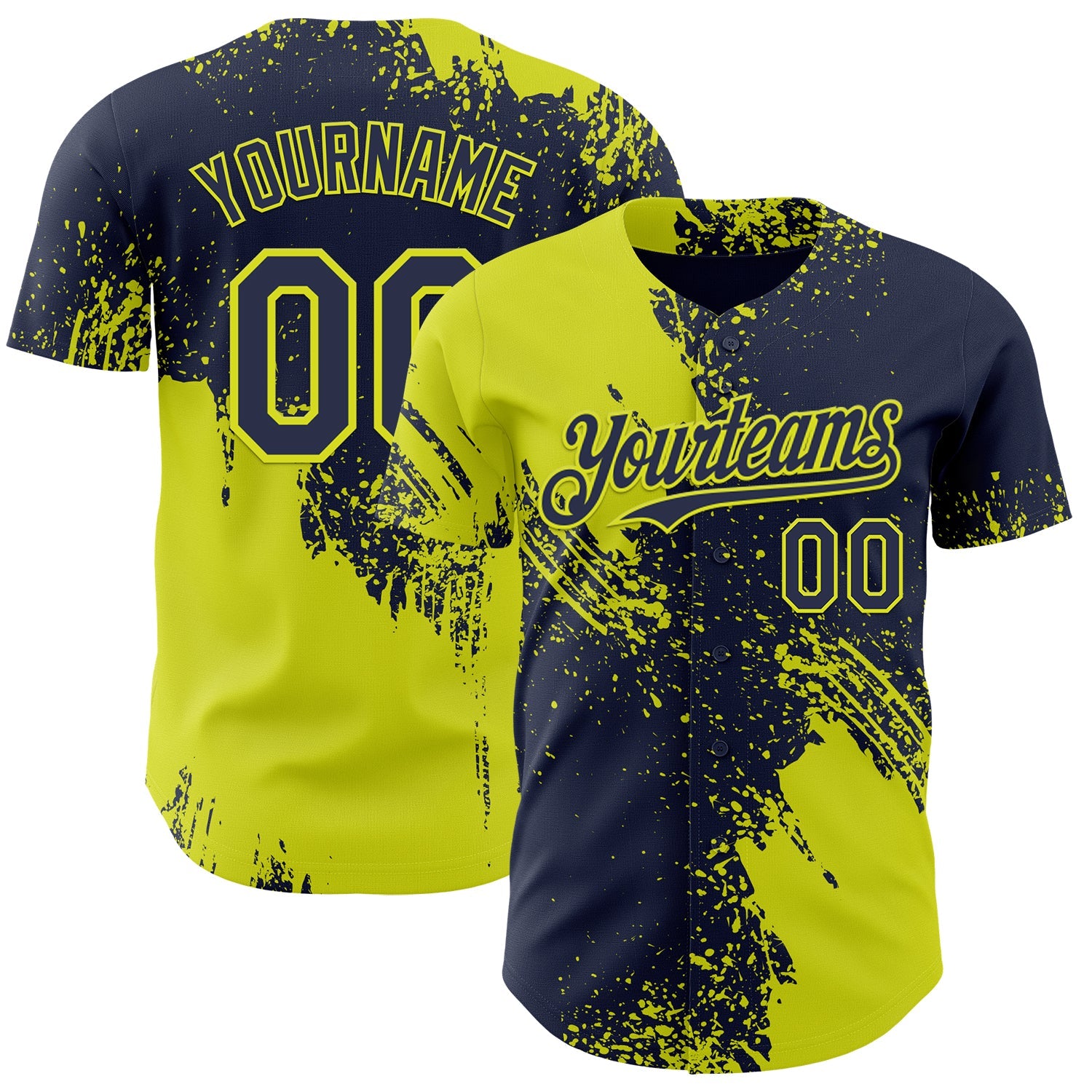 Custom Navy-Neon Yellow Abstract Brush Stroke Authentic Baseball Jersey - Main View