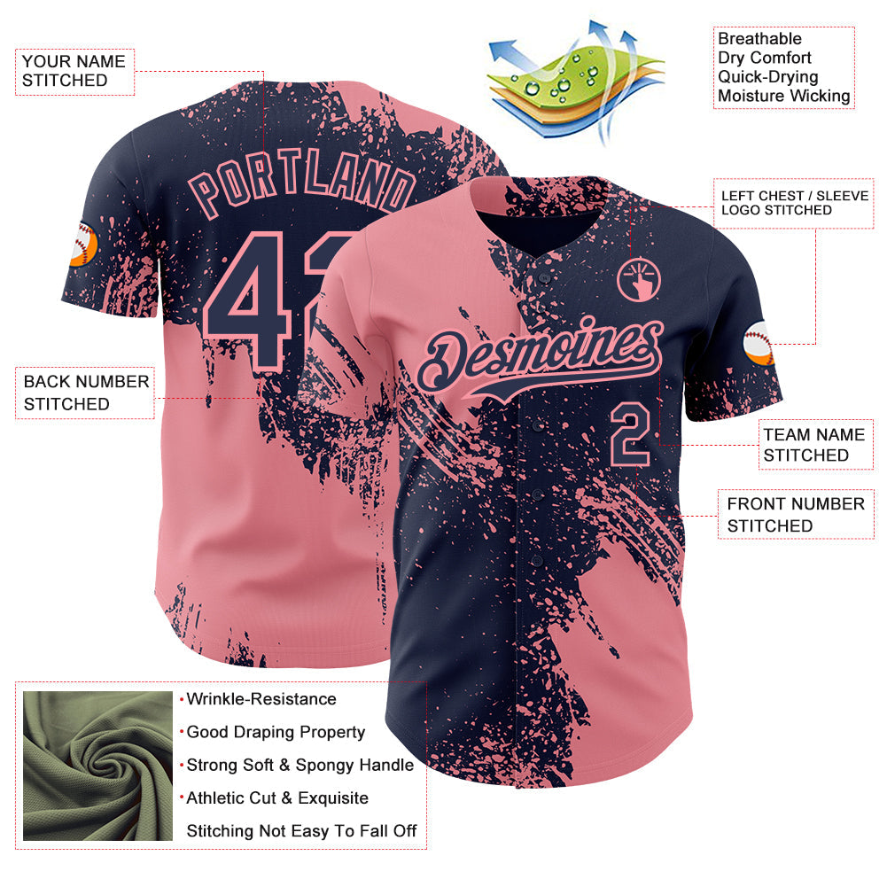 Custom Navy-Medium Pink Abstract Brush Stroke Authentic Baseball Jersey view 3