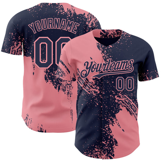 Custom Navy-Medium Pink Abstract Brush Stroke Authentic Baseball Jersey - Main View