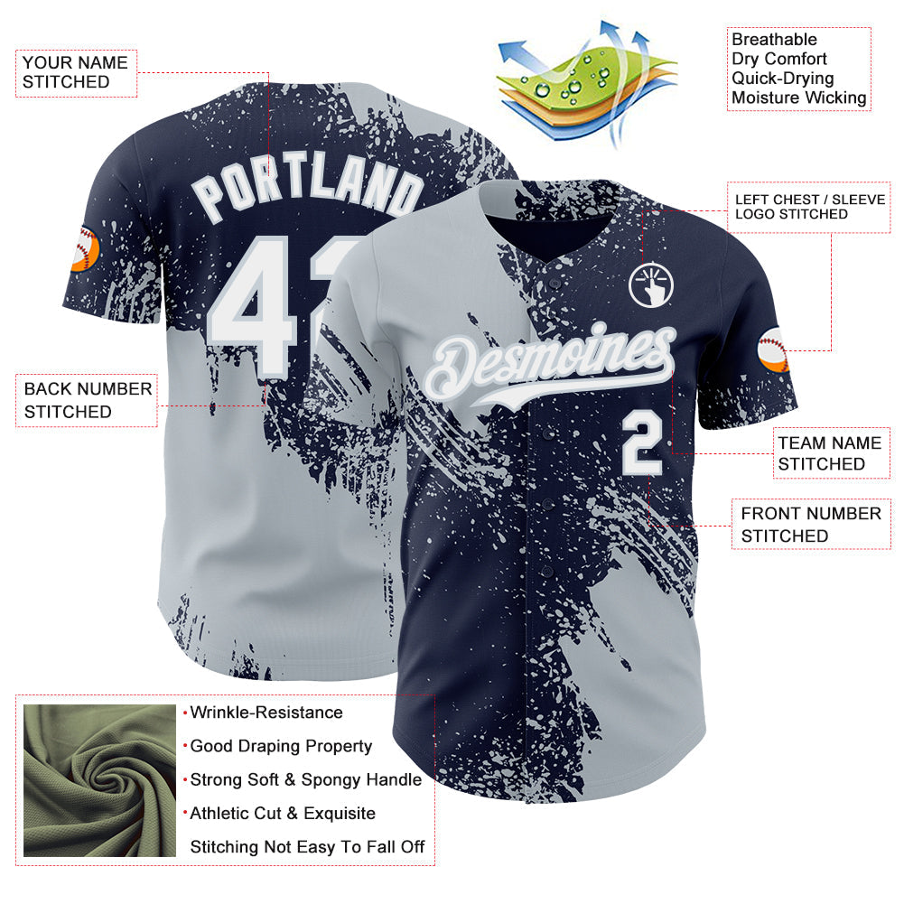 Custom Navy White-Silver Abstract Brush Stroke Authentic Baseball Jersey view 3