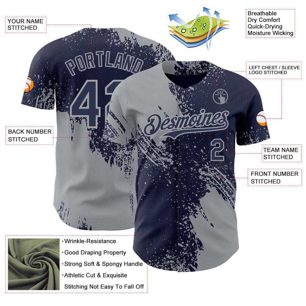Custom Navy-Gray Abstract Brush Stroke Authentic Baseball Jersey view 3
